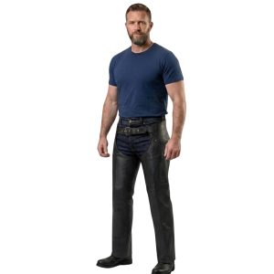 Black leather motorcycle chaps for riders