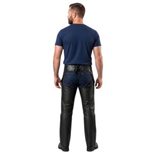 Black leather riding chaps with adjustable fit