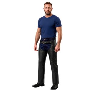 Black leather motorcycle chaps for riders