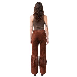 Brown suede women's Western pants with fringe