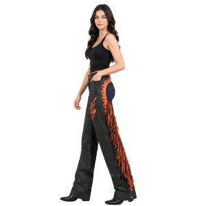 Black cowgirl leather chaps with decorative fringe