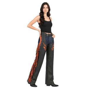 Women's black leather riding chaps with embroidered detailing