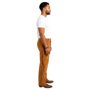 Brown suede leather chap pants with fringe