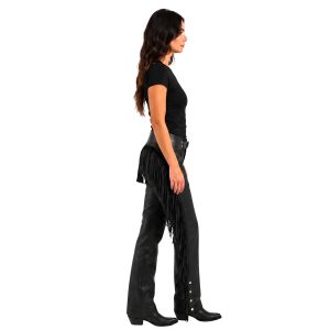 Bravado women's black leather motorcycle chaps with fringe