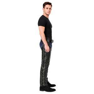 Dean black leather motorcycle chaps for men
