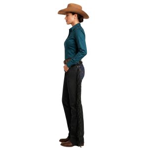 Black suede cowgirl chaps with long side fringe