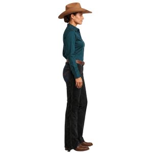 Women's black suede leather chaps with Western fringe styling