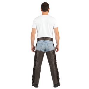 black leather motorcycle chaps with fringe detailing