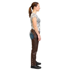 Brown leather motorcycle chaps for women with tassels