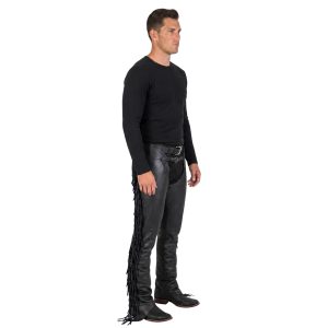 Hudson black leather motorcycle chaps with fringe