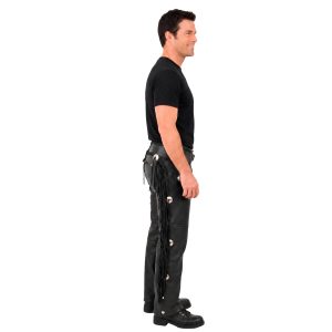 Mack black leather biker chaps with fringe
