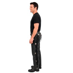 Black leather motorcycle chaps with Western fringe detailing