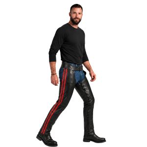 Black leather motorcycle chaps with red stripe detailing