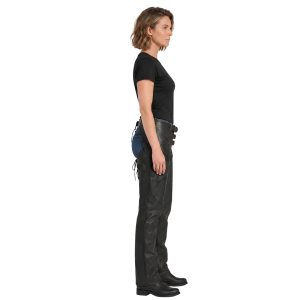 Women's low-rise leather riding chaps with buckle
