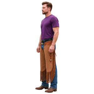Refined Rider leather cowboy chaps with fringe