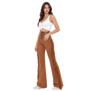 Brown leather cowgirl chaps with Western styling
