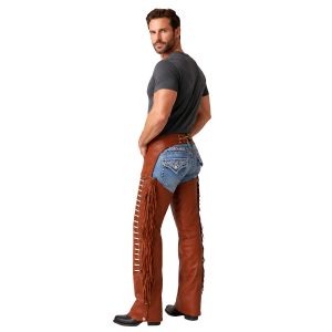 Sheriff-style brown leather biker chaps