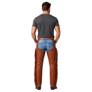 Men's brown leather riding chaps with fringe detailing
