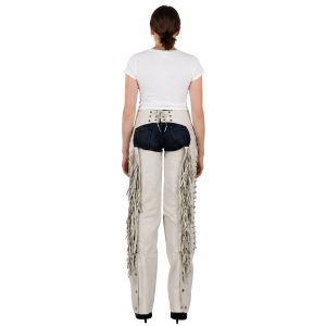 Women's white leather Western chaps with fringe detailing