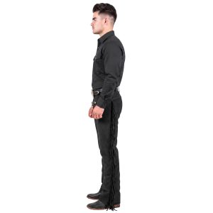 Black leather Western chaps with fringe detailing