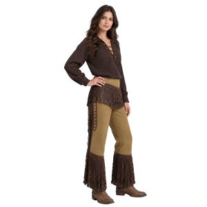 Women's brown Western chaps with decorative side fringe