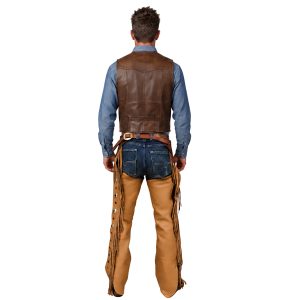 Men's mocha brown cowboy chaps with fringe detailing