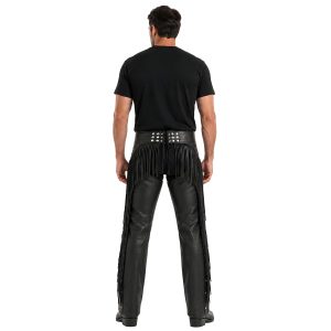 Black leather riding chaps with Western-style tassel fringe