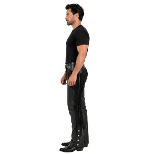 Terrence men's black leather biker chaps with fringe