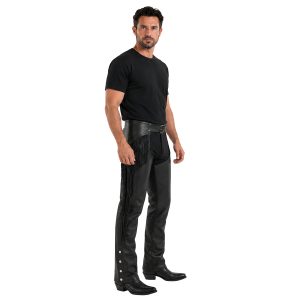 Black leather motorcycle chaps with tassel fringe