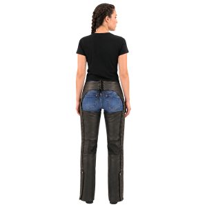 Classic women's black leather biker chaps with lace-back waist
