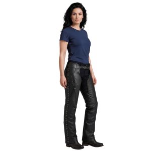 Black leather motorcycle chaps for women