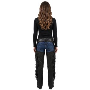 Red rose embroidered black leather biker chaps for women