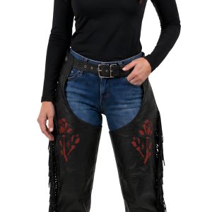 Black leather motorcycle chaps with red rose embroidery