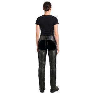 Black leather riding chaps with zip pockets for women