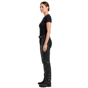 Women's black biker chaps with secure zipper pockets