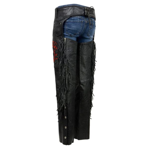Women's Red Rose Black Leather Chaps