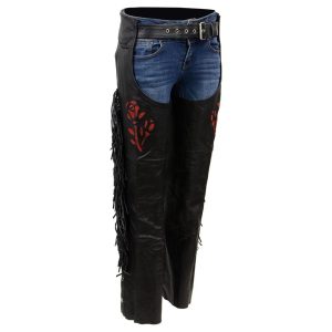 Womens Red Rose Black Leather Chaps