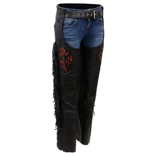Womens Red Rose Black Leather Chaps