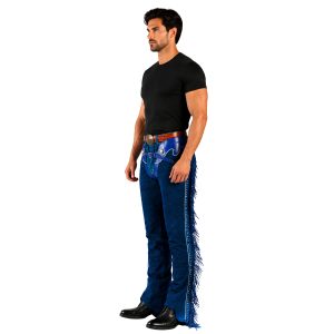 Blue suede leather chaps with Western fringe detailing