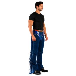 Blue suede Western riding chaps with fringe