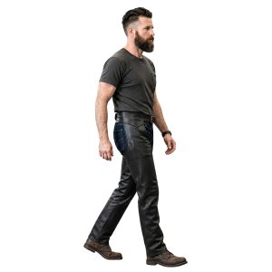 Black leather biker chaps with bold back design