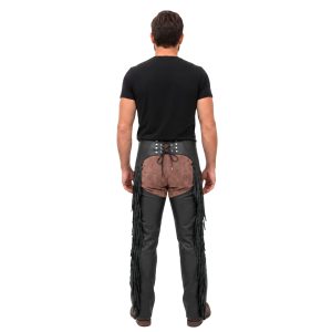 Black leather biker chaps with long fringe