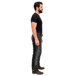 Darren black leather motorcycle chaps with fringe