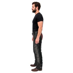 Black men's biker chaps with long fringe detailing