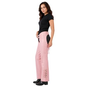 Pink women's leather riding chaps with adjustable fit