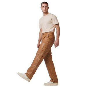 Shane men's brown leather cargo pants with pockets