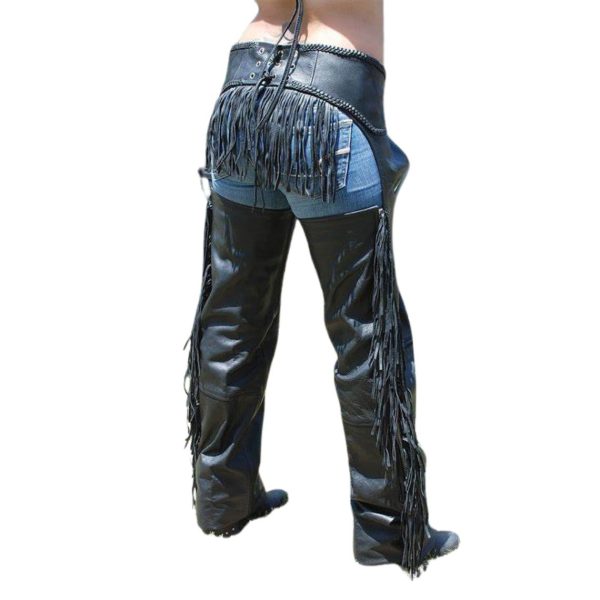 Jordan Black Mens Biker Riding Leather Fringes Chaps