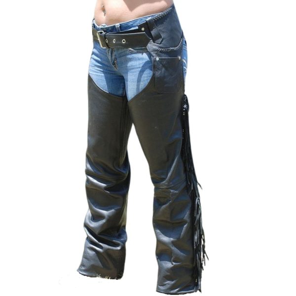 Jordan Black Mens Biker Riding Leather Fringes Chaps