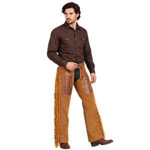Brown suede cowboy chaps with fringe detailing