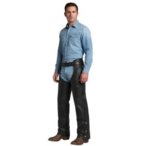 Black leather biker chaps with assless design